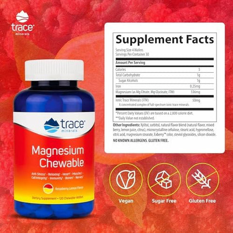 Trace Minerals Magnesium Chewable Supplement Promotes Calm Focus and Muscle Relaxation Supports Optimal Sleep and Digestion Sugar Free Raspberry Lemon 120 ct 30 Servings