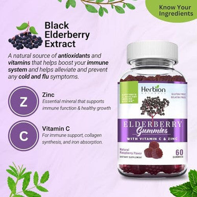 Herbion Elderberry Gummies With Vitamin C & Zinc Healthy Immune System Support Gluten & Gelatin 60 Gummies For Adults & Children 4 Years & Above Made In Usa Pack Of 4