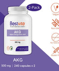 AKG (Alpha Ketoglutaric Acid) 500mg (480 Vegetarian Capsules) (240 x 2) - No Stearates - Vegan - Non GMO - Gluten Free - AKG Supplement