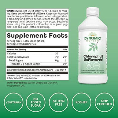Dynamic Health Liquid Chlorophyll Unflavored 100 Mg Sodium Copper Chlorophyllins With Alfalfa And Mulberry Leaves Plant Cleanse And Deodorizing No Added Sugar 16 Fl Oz