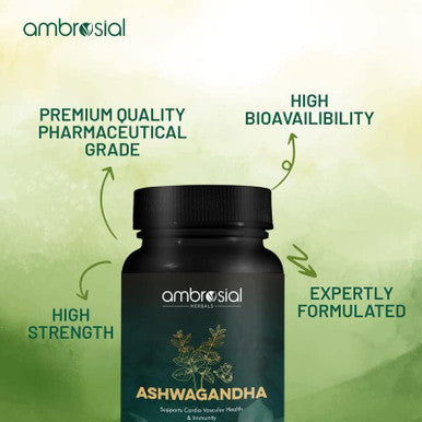 Ambrosial Ambrosial Ashwagandha Capsules 500mg per Capsule | High Strength Ashwagandha Root Powder| Herbal Supplement with Immunity Support | Non-GMO & Gluten (Pack of 1)