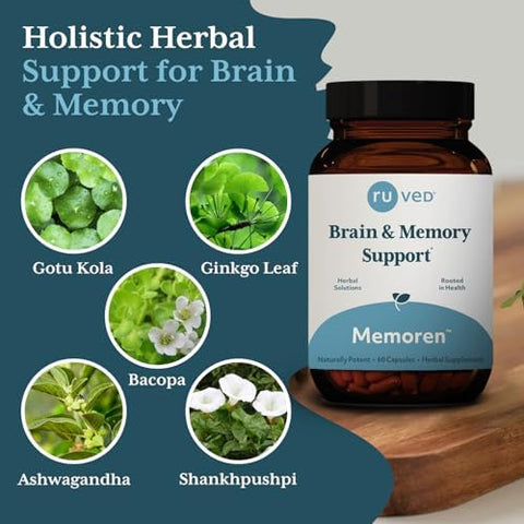 R-U Ved Memoren - Bacopa Supplements Organic Bacopa Monnieri Gotu Kola Gingko & Ashwagandha For Memory & Focus Cognitive Support Pill For Adults - 60 Vegetarian Capsules (1 Count)
