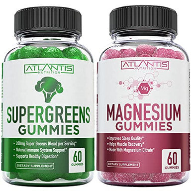 Supergreen & Magnesium Gummies - Magnesium Helps Muscles Recover, Delicious Supergreens With Spinach, Broccoli, Beetroot, Green Tea, & Acai For Immunity Support- 60 Gummies