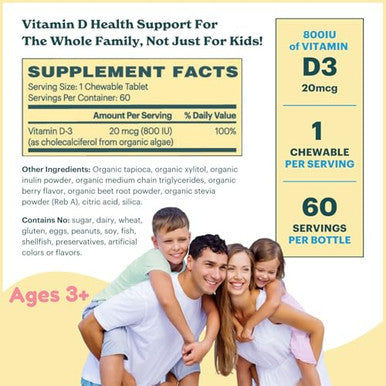 Mamadoc Rx Certified Organic Kids And Teens Whole Food Vitamin D3 Chewables | 800 Iu | Sugar Free Vegan Free Of 9 Major Allergens | 2 Month Supply | Ages 3+