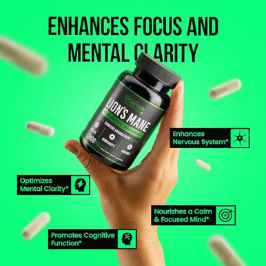 VitaRaw Organic Lions Mane Supplement Capsules 2400 mg Powerful Nootropic Helps Maintain Memory Energy and Mental Clarity Vegan Brain Booster Focus Pills Real Lions Mane Supplement