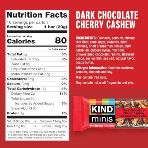 KIND Bar Minis Variety Pack Dark Chocolate Nuts and Sea Salt Caramel Almond Sea Salt Dark Chocolate Cherry Cashew Healthy Snacks Gluten Low Calorie Snacks Low Sugar 30 Count