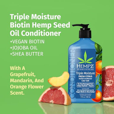 Hempz Biotin Conditioner - Triple Moisture Fresh Citrus - Peach & Grapefruit - For Growth & Strengthening Of Dry Damaged And Color Treated Hair Hydrating Softening Moisturizing - 17 Fl Oz