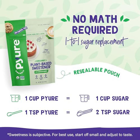 Pyure Organic Plant-Based Sweetener | 1:1 Sugar Replacement | Made with Allulose, Monk Fruit & Stevia | No Erythritol | Keto, Diabetic & Vegan Friendly | USDA Organic, Non-GMO | 9 oz