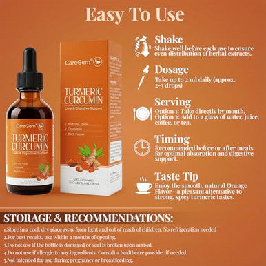 Caregem Turmeric Curcumin & Milk Thistle Liquid Drops For Liver Health 2 Fl Oz