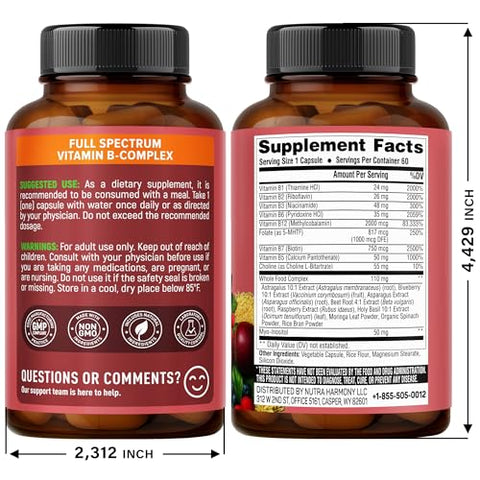 Nutraharmony Vitamin B Complex - B1 B2 B3 B5 B6 Biotin B12 5-Mthf - Astragalus & Whole Food Blend - Energy Metabolism & Brain - Vitamins B For Women & Men - Made In Usa - 60 Capsules 60 Days Supply