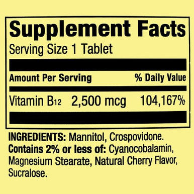 Spring Valley Vitamin B12 2500 mcg B12 Quick Dissolve Cherry Flavor Tablets Dietary Supplement Vitamin B12 120 Count + DRI Store +Sticker