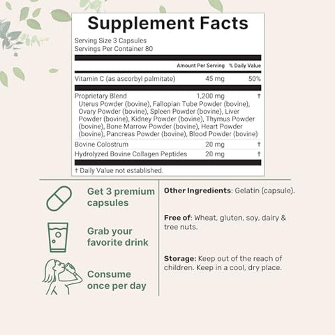 Micro Ingredients Grass Fed Beef Organ Supplement For Women Bovine Beef Liver Kidney Heart & Uterus Tissue 1200 Mg Organ Blend Plus Vitamin C Colostrum & Collagen 240 Capsules No Fillers