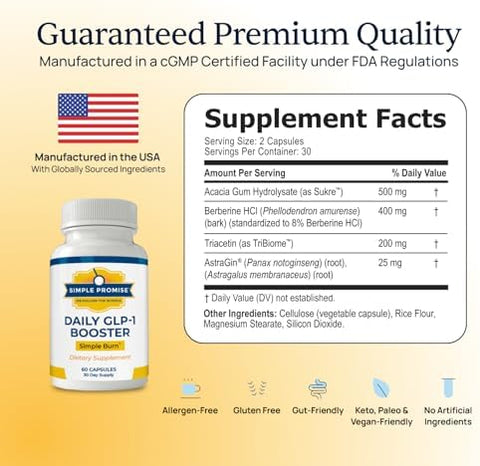 Simple Burn Daily Glp-1 Booster Weight Management Supplement With Berberine Hcl For Women - Glp1 Natural Appetite Suppressant - Supports Fat Metabolism & Craving Control - 60 Capsules