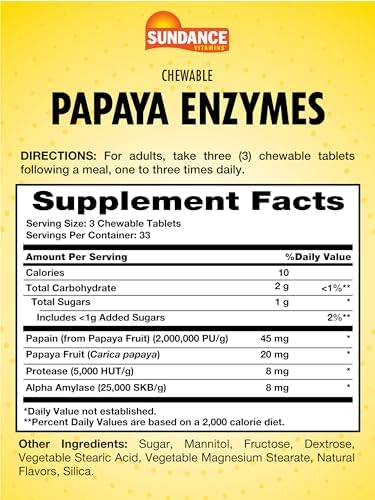 Sundance Papaya Enzymes 100 Chewable Tablets Natural Tropical Flavor Vegetarian Nongmo And Gluten Supplement