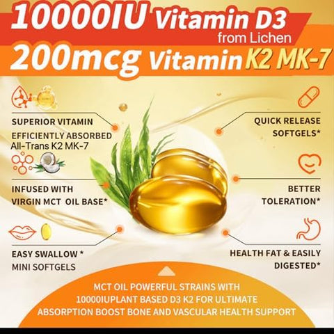 PlantBased D3 K2 Vitamin 10000 IU w/Virgin Coconut MCT Oil 200 mcg MK7 Vitamin K2 NonGMO for Ultimate Absorption Bone Immune and Heart Health Easy to Swallow D and K Supplement 180 Softgels
