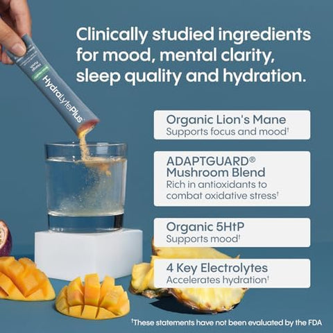 Hydralyte Brain Support - Memory & Focus Electrolytes + Organic Lions Mane Reishi Cordyceps & 5-Htp Adaptogen Drink Mix With Mushroom Powder Support Focus And Mood (30 Pack Mango Punch)