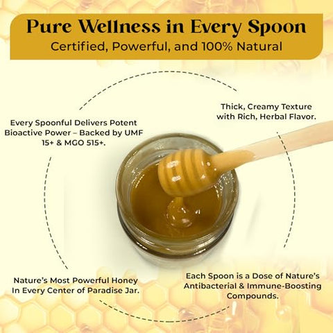 Center of Paradise Raw Manuka Honey Certified UMF 15+ | MGO 515+ (250g / 8.8oz) Glass Jar - Pure & Natural New Zealand Honey for Daily Immune Support and Wellness - Non GMO & Unpasteurized