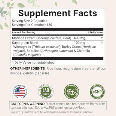Micro Ingredients Moringa Oleifera 300 Capsules With Supergreens Blend Of Wheatgrass Barley Grass Spirulina & Chlorella Antioxidant Supplement Energy & Immune Support Non-Gmo