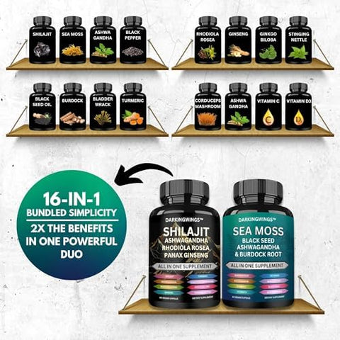 Shilajit and sea Moss Combo Shilajit Capsules Added Ashwagandha Sea Moss Ginger and Black Seed Oil Rhodiola Rosea Panax Ginseng Seamoss and shilajit Bundle All in one Supplement