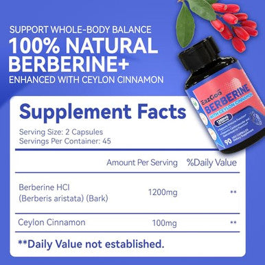 Eazgoo Premium Berberine Supplement 1200Mg With Ceylon Cinnamon - 90 Vegan Capsules - Berberine Hcl Supplement Gluten Free Immune Support