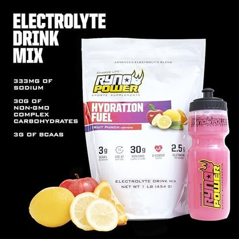 Ryno Power Hydration Fuel Electrolyte Drink Mix 1Lb (10 Servings) 'Fruit Punch' Advanced Electrolyte Formula + Bcaa'S Gluten Sustained Energy And Muscle Recovery