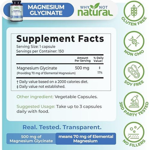 Why Not Natural Magnesium Glycinate 500 mg Capsules Supplement Vegan No Filler Supports Sleep and Relaxation