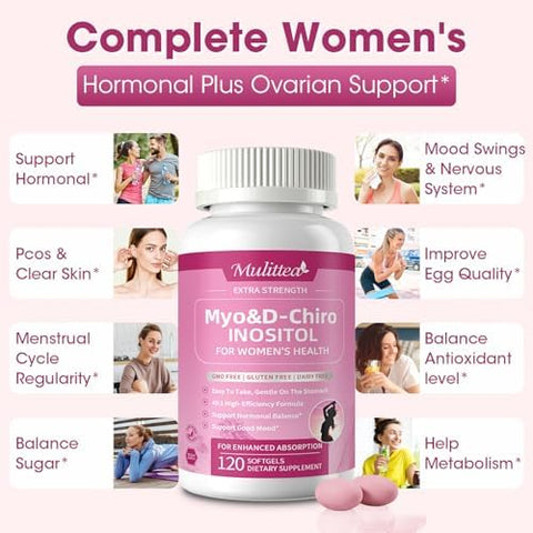 Mulittea Liposomal MyoInositol and DChiro Inositol Supplement for Women 40: 1 Ratio Plus Omega3 Hormone Balance Support Ovarian Help Menstrual Cycles and Mood Vegan 120 Softgels