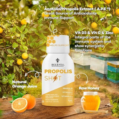 Bee And You Bundle: Propolis Shot With Vitamin C D3 And Zinc With Propolis Raw Honey Throat Spray Ultra Pure 100% Natural Immune Support Superfood