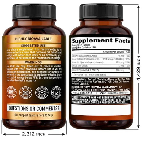 Nutraharmony Vitamin D3 K2 - Vitamin D3 10000 Iu & K2 120 Mcg - Immune & Mood Support For Bone & Teeth Health - With Zinc Vitamin C & B12 - Highly Bioavailable - For Men & Women - Made In Usa 120 Softgels