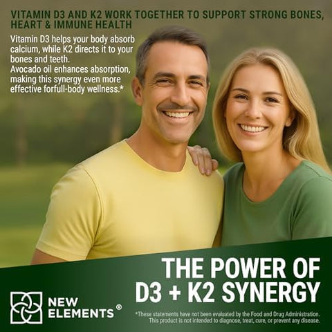 Elements Liquid Vitamin D3 + K2 (Mk-7) Drops 10000 Iu High Absorption For Bone & Immune Support Non-Gmo Avocado Oil Base Promotes Strong Bones Heart & Immune Health 2 Fl Oz (60 Ml)