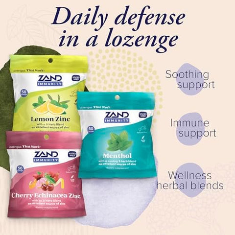Zand Immunity Variety 3 Pack - Lemon Zinc Menthol And Cherry Ecea Zinc Throat Lozenges - Good-For-You Dry Mouth Lozenges Immune Support Supplement - Natural Flavor Vegan Gluten 50Ct Ea
