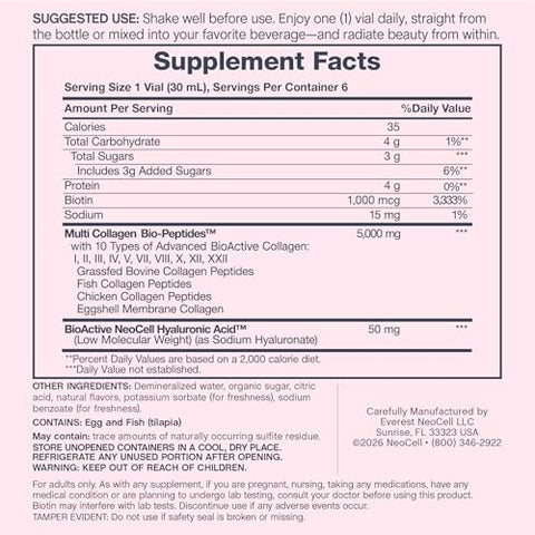 Neocell Multi Collagen Peptides Liquid 6 Vials With Hyaluronic Acid And Biotin Advanced Formula Complex Beauty Supplement Hair Skin And Nails