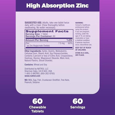 Natrol High Absorption Zinc 7.5 Mg Per Serving, Dietary Supplement For Immune Health, Chewable Tablets For Adults, 60 Zinc Tablets, 60 Day Supply