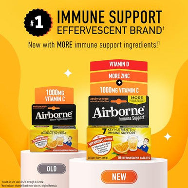 Airborne 1000Mg Vitamin C With Zinc Effervescent Tablets, Immune Support Supplement With Powerful Antioxidants Vitamins A C & E - 10 Fizzy Drink Tablets, Zesty Orange Flavor