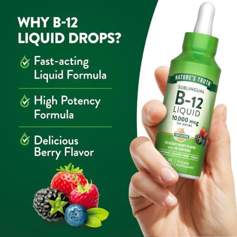 Nature's Truth B12 Sublingual Liquid Drops 10000 mcg 2 oz Fast Acting Vegan NonGMO and Gluten Free