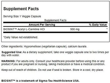 Swanson Amino Acid Acetyl L-Carnitine Hcl 500 Milligrams 120 Veg Capsules