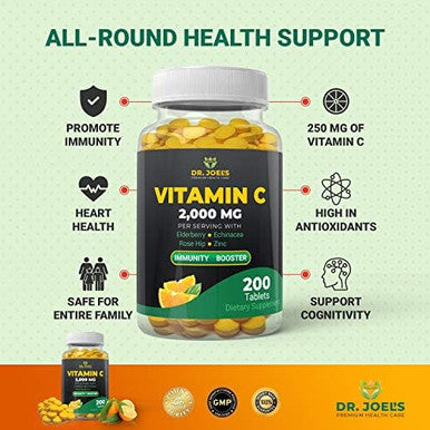 Dr. Joel'S Immune Support Vitamin C 2000 Mg - 200 Tablets - With Zinc, Elderberry, Rose Hip, Echinacea - Boosts Immune System- Made In Usa