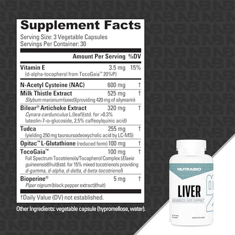 Nutrabio Liver Supplement - Advanced Liver Support With Antioxidants Milk Thistle Liver Detox Glutathione Tudca - Promotes Liver Cleanse Detox And Repair 90 Capsules