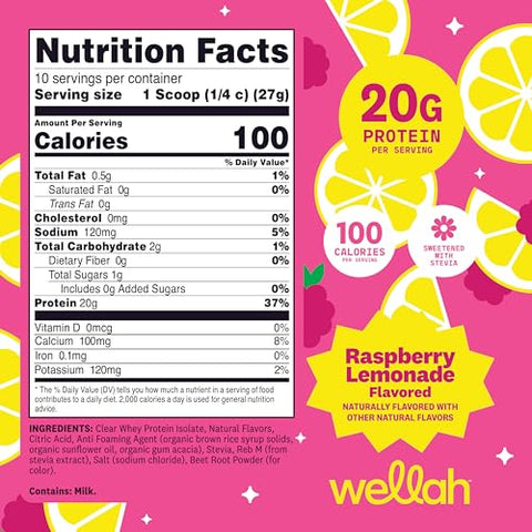 Wellah Clear Whey Protein Isolate Powder (Raspberry Lemonade) 10 Servings - 20G Of Protein 100 Calories Sweetened With Stevia