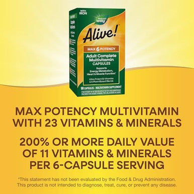 Nature'S Way Alive Max6 Potency Adult Complete Multivitamin, With Iron, Vitamins A, C, E & B-Vitamins Including Methylated B12 & Folate, Supports Energy Metabolism, 90 Capsules (Packaging May Vary)