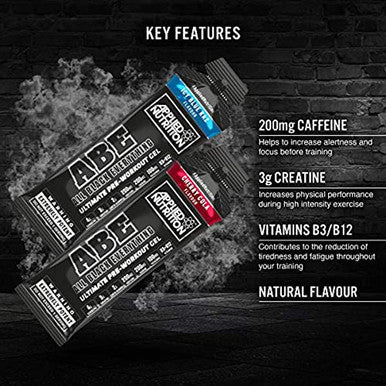 Applied Nutrition ABE Pre Workout Energy Gel Increases Physical Performance with Citrulline Creatine Beta Alanine Caffeine Vitamin B Complex All Black Everything Box 20 x 60g (ICY Blue Raz)
