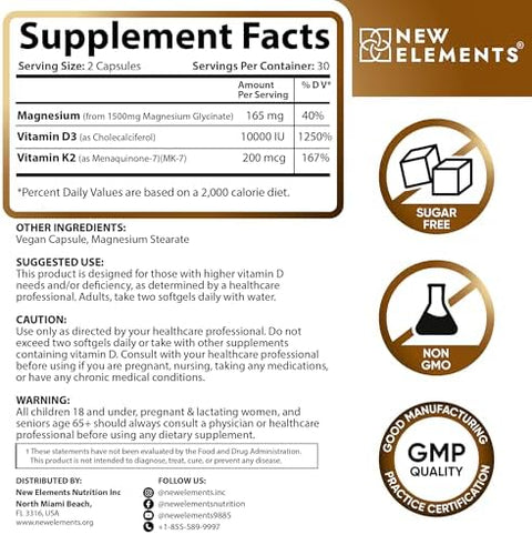 Elements Magnesium Glycinate 1500Mg With Vitamin D3 K2 10000 Iu - Bone Health Immune Support Energy & Mood - Non-Gmo Gluten- 60 Vegan Capsules For Women & Men