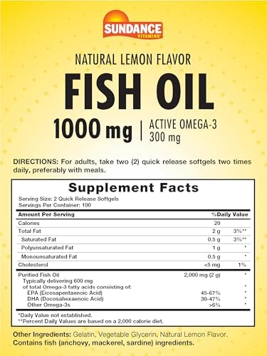 Sundance Fish Oil Softgels 1000Mg With Active Omega3 200 Softgels Natural Lemon Flavor Nongmo And Gluten Supplement