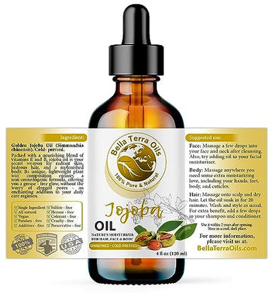 Bella Terra Oils - Organic Jojoba Oil 4Oz - Cold-Pressed Excellence Non-Comedogenic Bathed In Vitamin C & E For Those Seeking The Best Oils For Skin