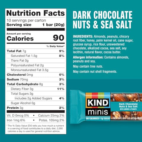 KIND Bar Minis Variety Pack Dark Chocolate Nuts and Sea Salt Caramel Almond Sea Salt Dark Chocolate Cherry Cashew Healthy Snacks Gluten Low Calorie Snacks Low Sugar 30 Count