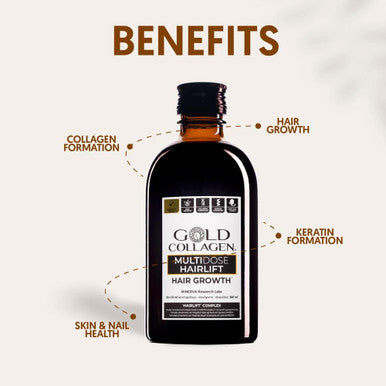 Gold Collagen Multidose Hairlift - Biotin Hair Growth Marine Collagen Supplements for Women & Men with Hyaluronic Acid Zinc Hair Vitamins and Keratin Hair Treatment Also for Skin and Nails 300 ml