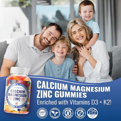 Nutrapep Calcium Magnesium Zinc Supplement Gummies - With Vitamin D3 K2 Magnesium Glycinate - Orange Berry Flavored Vegan Sugar-Free Gluten Free Chewable For Men Women Kids