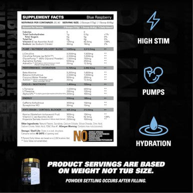 EHP Labs Hectic PreWorkout High Stim Advanced Pre Workout Powder for Max Performance Caffeine Beta Alanine Coconut Water Energy Pump Recovery and Hydration 40 Serves Blue Raspberry