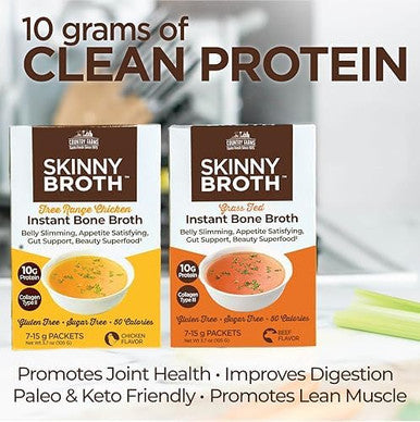 Country Farms Skinny Broth Instant Beef Bone Broth 10G Protein Collagen Type Iii Promotes Better Digestion Bone Health 7 Day Plan 715G Packets