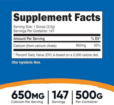 Nutricost Calcium Citrate Powder (500 Grams) (Unflavored) Pure Calcium Citrate No Fillers Gluten (1.1Lbs)
